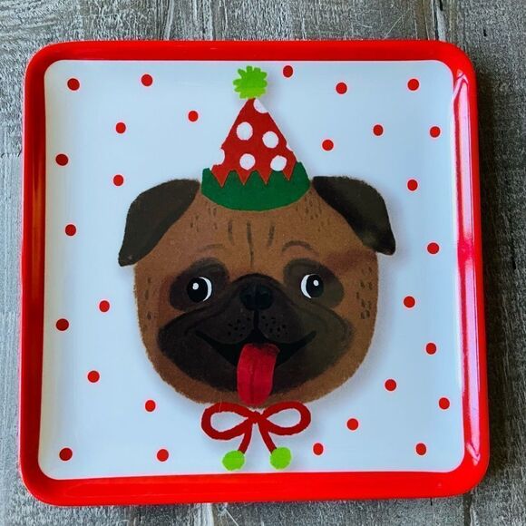 Christmas Pug Dog Holiday Trinket Tray Plate - Picture 1 of 2